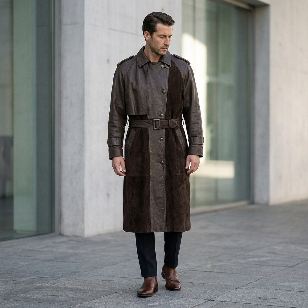 Trench‎ Coat Duster Jacket Suede Leather  Brown Daude Paris M-L Vintage 80s